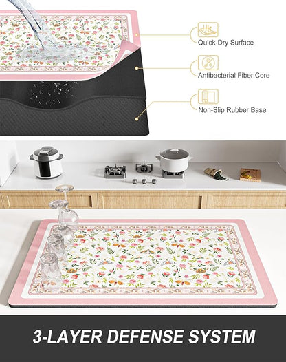 Rnivvi Dish Drying Mat for Kitchen Counter, XL 15 x 24" Cute Flower Theme