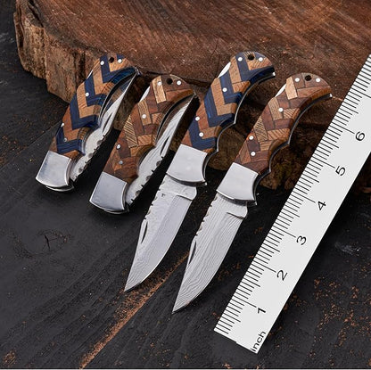 Personalized Folding Knife, Damascus Brown Blue Pocket Knife, Groomsmen Gift, Personalized Gift for Dad, Son, Husband, Boyfriend, Anniversary or Father’s Day Present, Christmas Gift
