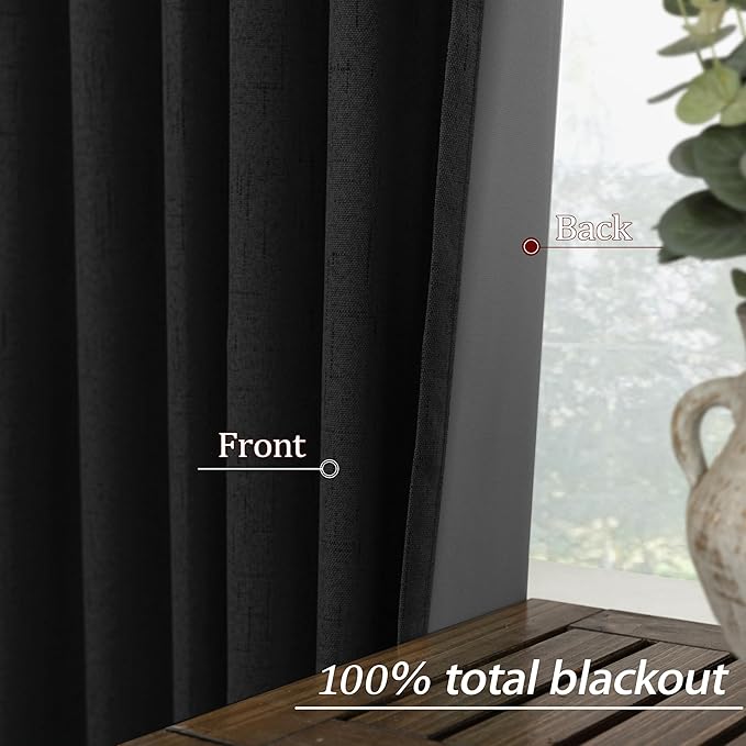 KOUFALL 72 Inch Black Curtains for Bedroom, Linen Thermal Blackout Back Tab