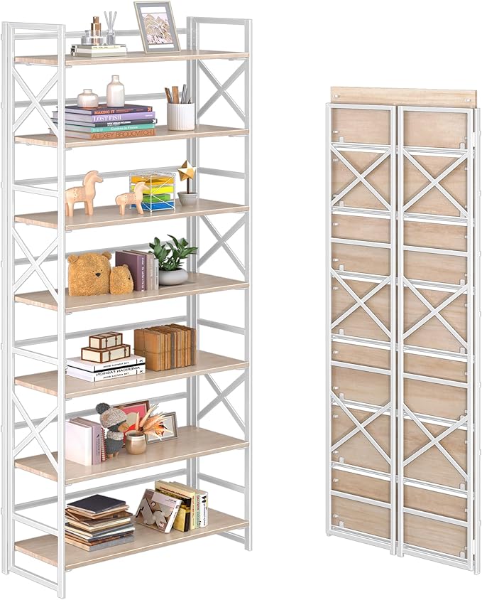 4NM 7 Tiers No Assembly Book Shelves, 72.4" H Folding Bookshelf Bookcase Open