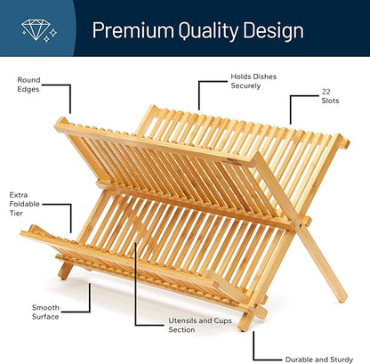 RoyalHouse Premium Natural Bamboo Dish Rack, Collapsible Dish Drainer, Foldable