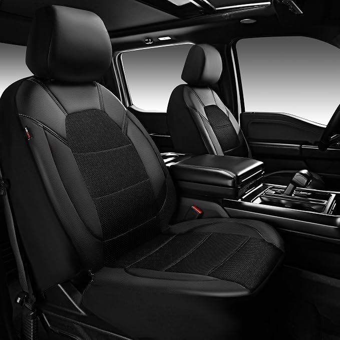 CAR PASS Leather and 3D Air Mesh Universal Fit Car Seat Covers, for Sedans,Trucks,Suvs,Airbag Compatible,Zipper Design and Reserved Opening Holes for Headrest(Full Set, Black and Black)