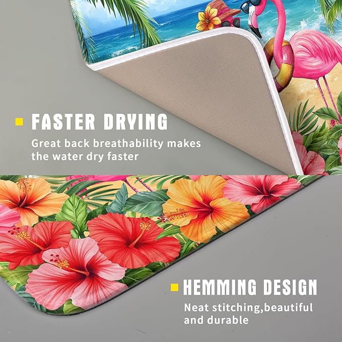 Summer Flamingos Dish Drying Mat 16x18 inch Tropical Beach Microfiber Washable