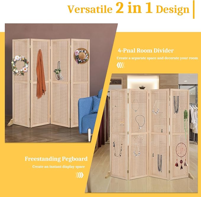 Bonnlo 4 Panel Pegboard Freestanding, 5 FT Portable Display Board Organizer