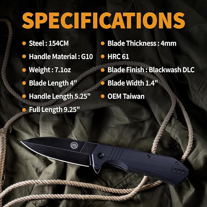 Off-Grid Knives - Stinger XL Folding Knife w. Spear Point Blade, Crucible 154CM Steel, G10 Scales, Deep Carry Clip (Blackwash)