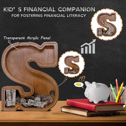 Wooden Letter Piggy Bank for Kids Larger Letter Piggy Bank for Boys and Girls Personalized Piggy Bank Initial Coin Bank Wood Kids Money Bank for Birthday and Festival