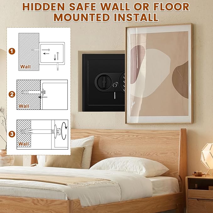 Safe Box with Fireproof Waterproof Bag, Home Safe with Keys & Pass Code & Wall