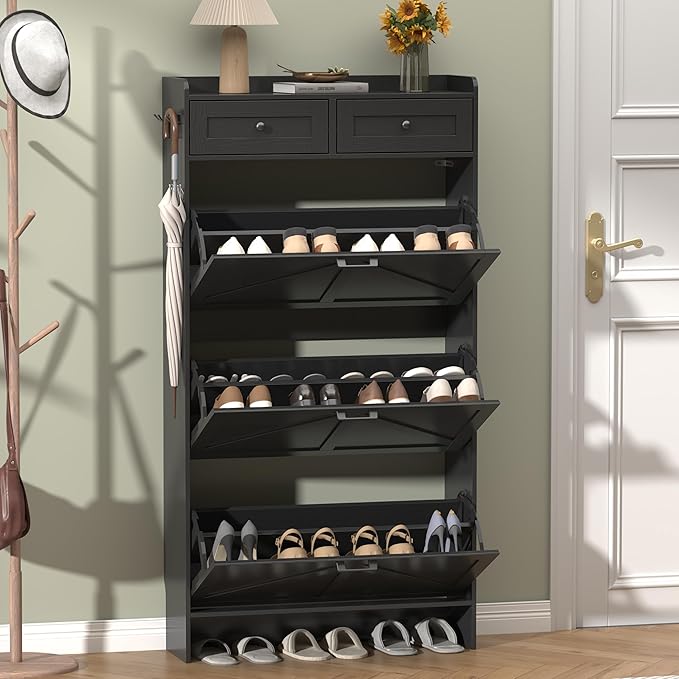 Shoe Cabinet with 3 Flip Drawers & 2 Storage Drawers, Rustic Farmhouse Narrow