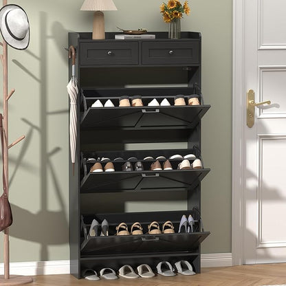 Shoe Cabinet with 3 Flip Drawers & 2 Storage Drawers, Rustic Farmhouse Narrow