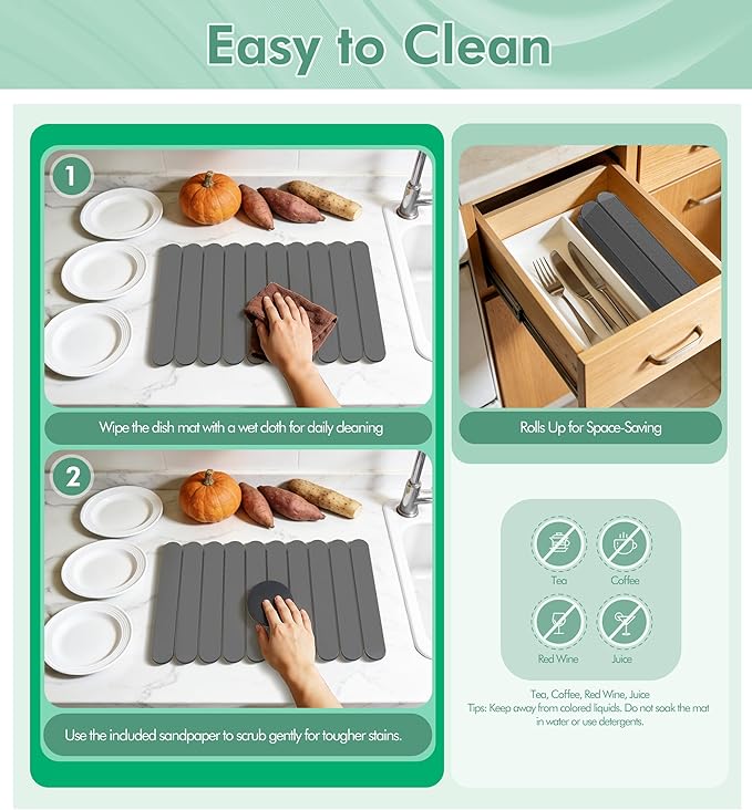 Large Stone Dish Drying Mat for Kitchen Counter, Quick Dry Diatomaceous Earth