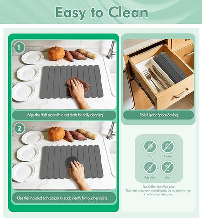 Large Stone Dish Drying Mat for Kitchen Counter, Quick Dry Diatomaceous Earth