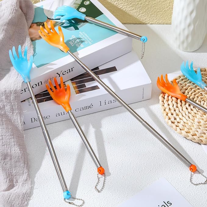 Tioncy 100 Pcs Extendable Back Scratcher Bulk Hand Shaped Retractable Scratcher Telescoping Massage Tool for Men Women Gifts Reducing Back Itching, Yellow and Blue