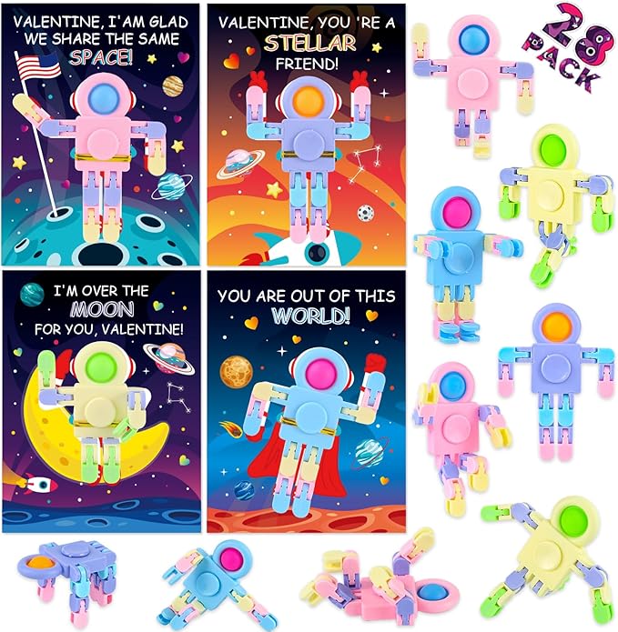 Valentines Day Gifts for Kids Classroom - 28PACK Pop Fidget Spinners Astronaut Bulk with Unique Valentines Cards for Classroom Exchange Prize, Sensory Toys for Valentine's Party Favors
