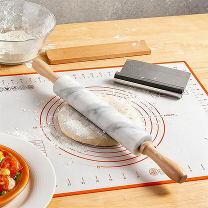 Marble Rolling Pin with Non-Stick Silicone Mat & Wood Base, 16.9-Inch Heavy