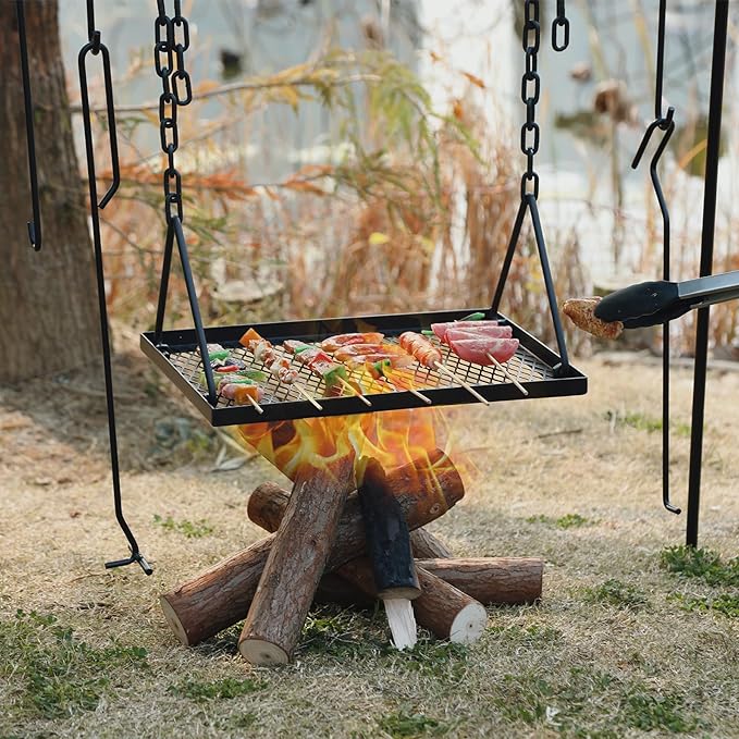 REDCAMP Swing Campfire Grill Stand - Collapsible Campfire Cooking Rack with 6 Hooks & Iron Grill Grate, Portable Dutch Oven Hanger for Outdoor Camping, Cookware, Bonfire, Rectangle