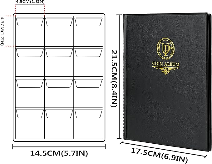 120 Pockets Coin Album - Coin Collecting Book with 10 Pages, 45x43 mm Grid Holder for Pounds Pence Cents Dollars Nickel (Black) CS48120BK