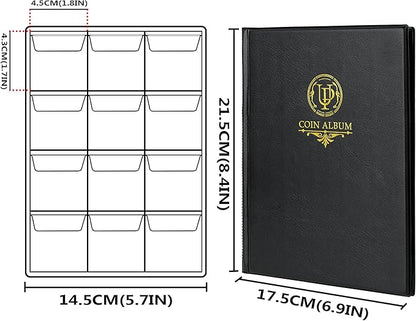 120 Pockets Coin Album - Coin Collecting Book with 10 Pages, 45x43 mm Grid Holder for Pounds Pence Cents Dollars Nickel (Black) CS48120BK