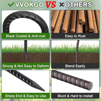 VVOKGO Rebar Stakes 18 Inch J Hook Heavy Duty Ground Anchors (32-Pack), 3/8" Diameter Metal Steel Extra Long Fence Stakes with Chisel Point End for Greenhouse, Gazebo, Carport, Camping Tents, Black