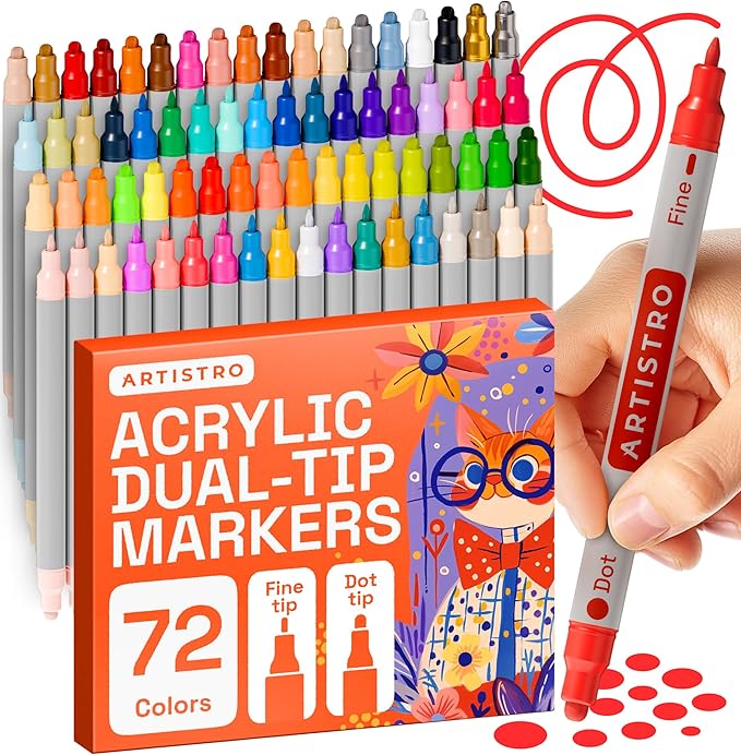 ARTISTRO 72 Acrylic Paint Markers for Rock, Fabric, Wood, Glass, Craft, Decoration - Dual-Tip Paint Pens - Stocking Stuffers, Christmas Gift Idea for Teens, Grandkids, Kids - Art Supplies