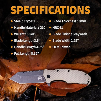 Off-Grid Knives - Rapid Fire Viper, Assisted Tanto Blade, Hard Use Build, Tactical, Camping & Survival EDC, Cryo D2 Steel, Graywash, Coyote G10 Scales, Deep Pocket Carry (Coyote)