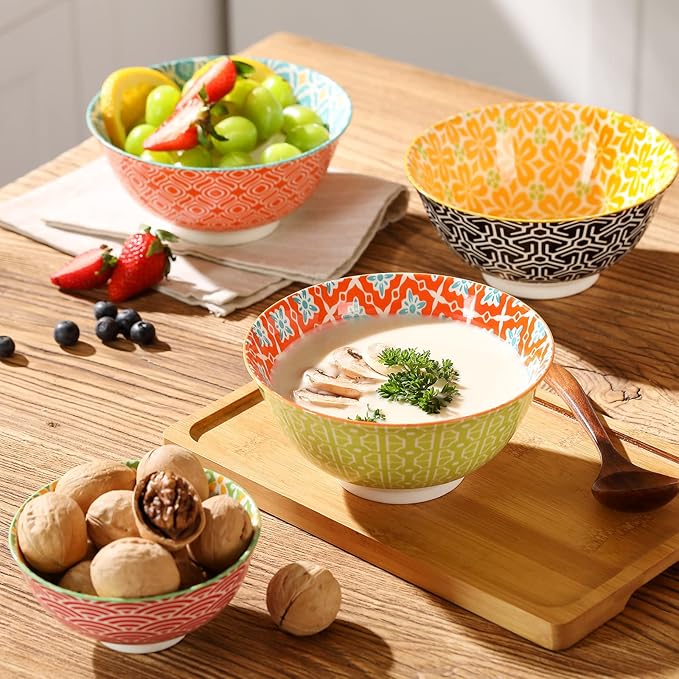 Ceramic Cereal Bowls, 23 Oz Colorful Soup Bowls, Deep Porcelain Bowl Set for Salad, Dessert, Pasta, Ice Cream,Set of 6
