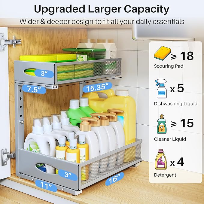 Under Sink Organizer, 2 Pack 2 Tier Pull Out Under Cabinet Organizer Shelf