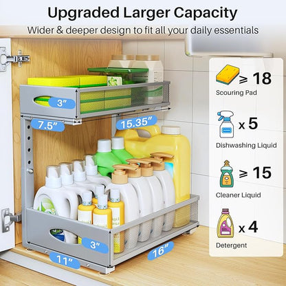 Under Sink Organizer, 2 Pack 2 Tier Pull Out Under Cabinet Organizer Shelf