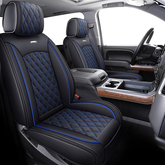 Aierxuan Seat Covers for 2007-2026 GMC Sierra Chevy Chevrolet Silverado 1500 2500HD 3500HD Trail Boss Z71 Crew Double Extended Cab Waterproof Leather Truck Pickup Cuchion(Full Set, Black-Blue)