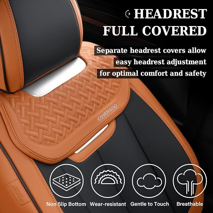 Coverado Seat Covers, Front Car Seat Cover, 2 Pack Breathable Nappa Leather Seat Cover, Waterproof Car Seat Protector, Car Seat Cushion, Universal Auto Seat Covers Fit for Most Cars (Brown&Black)