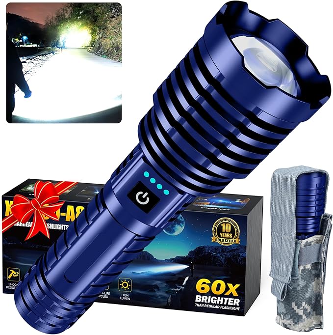Super Bright Rechargeable LED Flashlights, 5000.000 True High Lumens, Powerful Tactical Flashlight Up to 25H Long Battery Life |Zoomable|5Light Modes|IP67 Water Resistant for Camping (Blue)