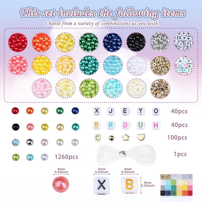 XIANNVXI 1260pcs Pearl Beads Kit for Friendship Bracelet 18color 6mm Colorful Pearl Kandi Letter Beads Kit for Jewelry Making DIY Crafts