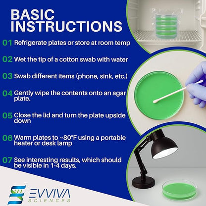 Evviva Sciences Nutrient Agar Petri Dishes Science Project Kit, Pre-Poured Agar Plates for Science Experiments, with Experiment eBook (Green)
