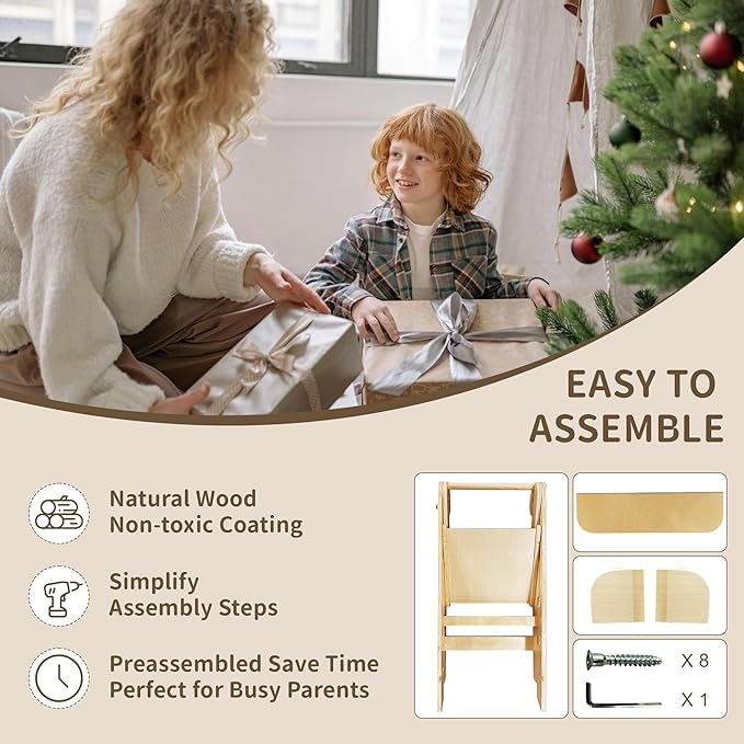 Foldable Toddler Tower Preassembled Kitchen Stool, Folding Tower for Learning with 3 Adjustable Heights Montessori Toddler Standing Tower Collapsible Step Stool for Kids 1.5-6y Natural