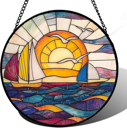 DASTOLL Stained Glass Window Hanging, Sailboat and Waves Suncatcher Diamond