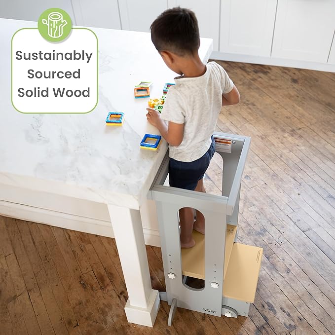 Little Partners Foldable Toddler Tower, Learning Tower Explore 'N Store Montessori Standing Kitchen Tower with Folding Step Stool Platform for Cooking and Learning, Ages 2+ (Silver Drop W/Natural)