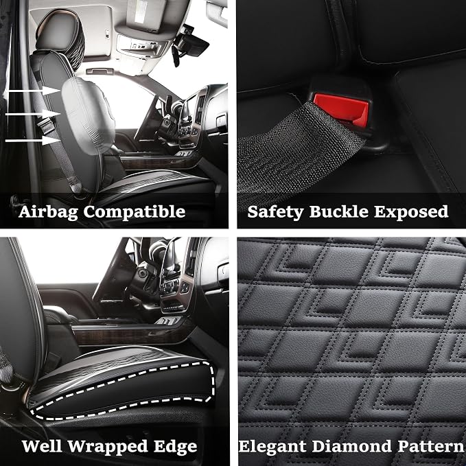 JOJOBAY Chevy Silverado Seat Covers,Leather Seat Covers for GMC Sierra,Custom Fit 2007-2026 1500 2500HD 3500HD Crew Double Extended Regular Cab,LT LZT RST Trail Boss(Front Pair,Black Grey)