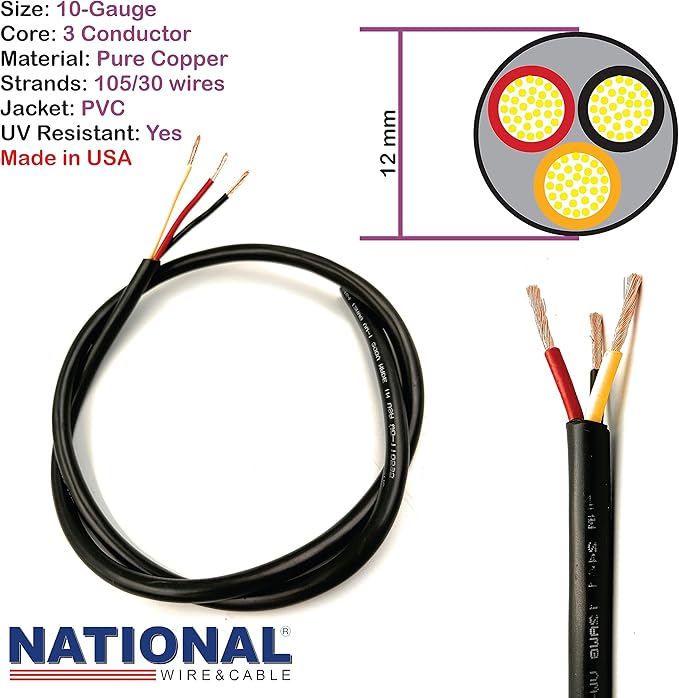 NATIONAL Wire & Cable – 10 AWG 3-Conductor Premium Copper Wire, 25 ft, Stranded