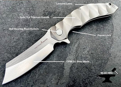 Titanium Pocket Folding Knife, Solid Tc4 Titanium Handle, CPM-D2 Steel DAO Blade, Includes Sheath (Zeus)