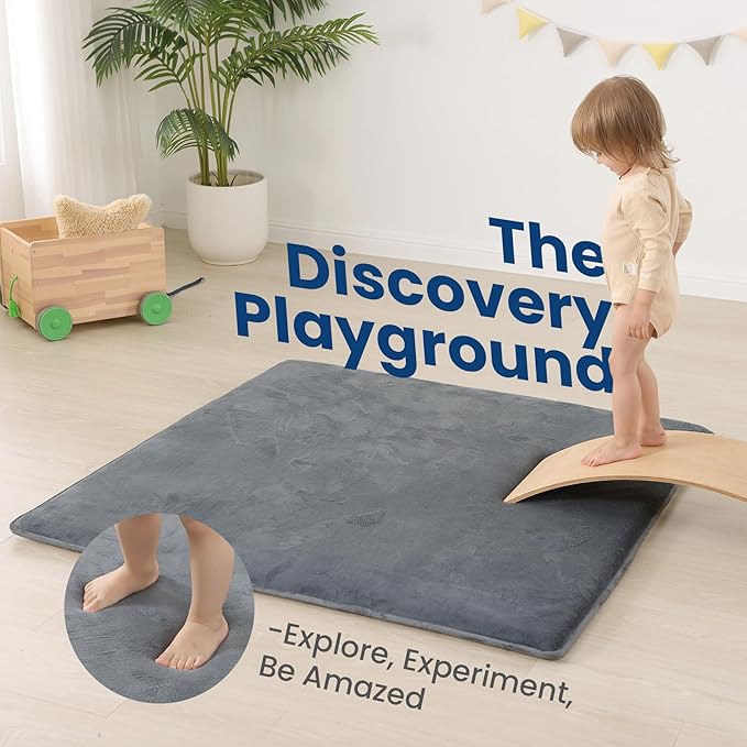 Baby Play Mat for Floor,1.3" Thick Elasti-Foam 50"×50" Playpen Mat for Tummy Time,Water Repellent Soft Coral Velvet for Toddler,Infant,Kids,Non-Slip Backing Safe for Crawling(Dark Grey)