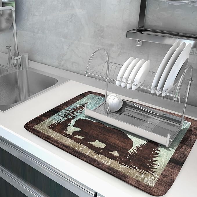 Giwawa Retro Brown Bear Forest Cabin Dish Drying Mat Countertop 18x24 Fall Blue