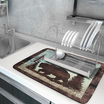 Giwawa Retro Brown Bear Forest Cabin Dish Drying Mat Countertop 18x24 Fall Blue
