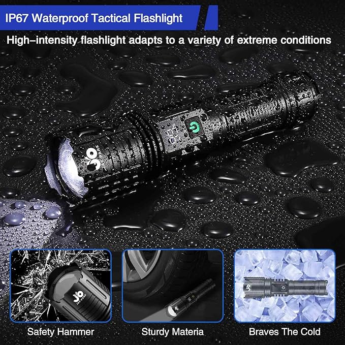Rechargeable Flashlights 10000 Lumen, LED Flashlight with Digital Power Display and Zoomable, Flashlights High Lumen Super Bright Long Distance for Camping, bushcraft, Outdoor