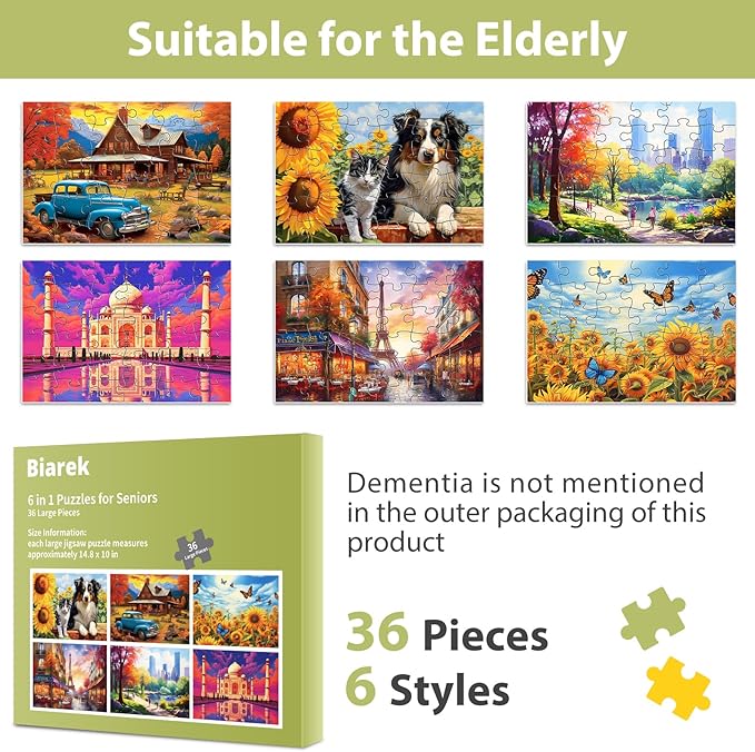 6 Pack 36 Large Piece Puzzles for Seniors Puzzle Dementia Alzheimer's Products Activities for Elderly Adults Easy Jigsaw Puzzle Alzheimer's Gift for Patients in Nursing Home with 6 Storage Bags