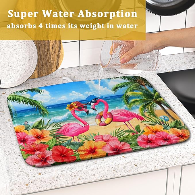 Summer Flamingos Dish Drying Mat 16x18 inch Tropical Beach Microfiber Washable