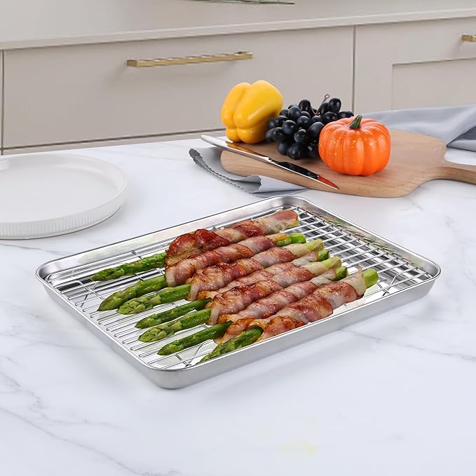 Homikit Quarter Sheet with Rack, 9x13 Stainless Steel Baking Pan with Wire