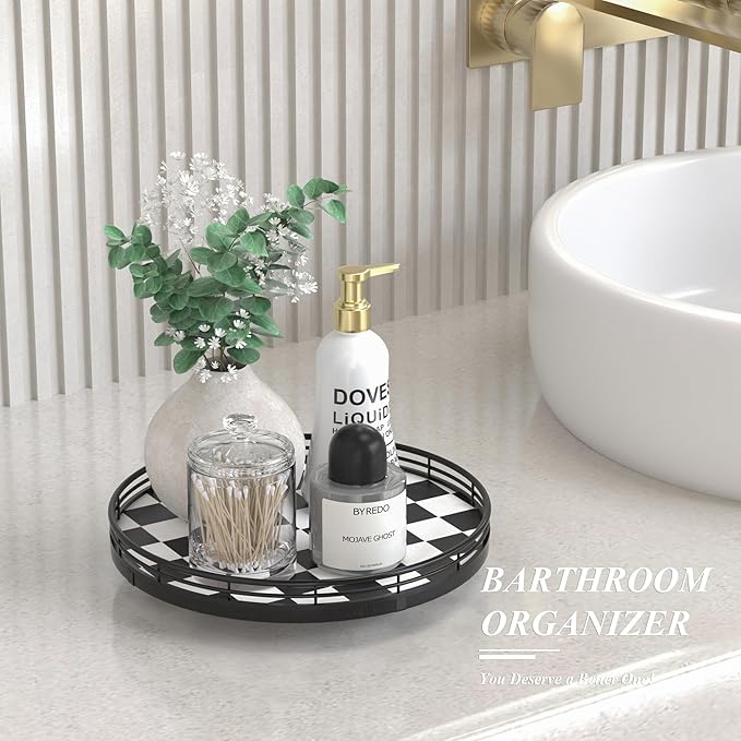 Black and White Kitchen Lazy Susan Turntable – Checkered Round Decorative Tray