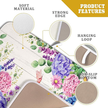 Hydrangea Floral Dish Drying Mat 16x18 inch Spring Summer Decorative Fast Dry