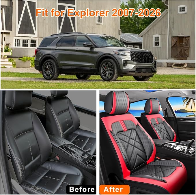 Explorer Seat Covers Custom Fit for Ford Explorer 2004-2026, Full Coverage Leather Waterproof Breathable Seat Covers Full Set Automotive Seat Protectors, Airbag Compatible(5 Seats, Red & Black)