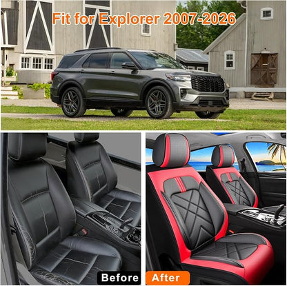 Explorer Seat Covers Custom Fit for Ford Explorer 2004-2026, Full Coverage Leather Waterproof Breathable Seat Covers Full Set Automotive Seat Protectors, Airbag Compatible(5 Seats, Red & Black)