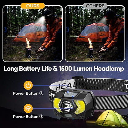 LED Headlamp,1500 Lumen Head Lamp with 7 Modes, Head Lights for Forehead with Red Light, IPX5 Waterproof Head Light for Adults and Kids Camping Running, 3AAA Batteries Included